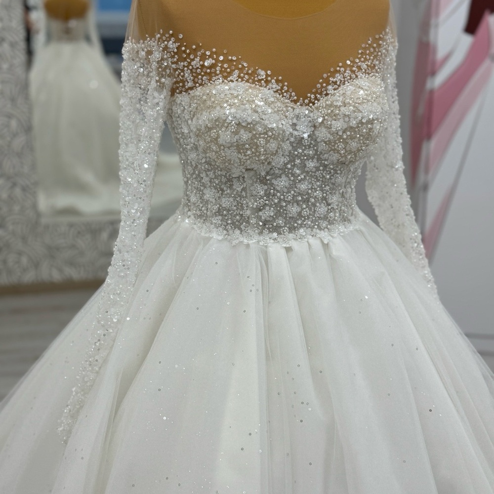 Beautiful White Wedding Dress with Floral Embellishments—illusion bustline